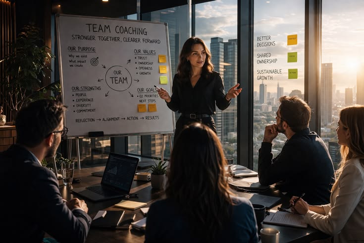 Two colleagues reviewing notes on a wall planner during a culture review